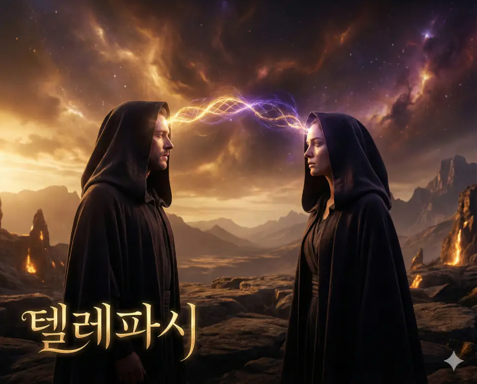 말이나 몸짓을 통하지 않고 마음에서 마음으로 직접 의사를 전달하는 능력인 텔레파시 이미지