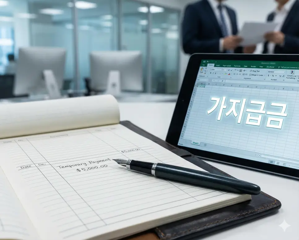 가지급금 뜻인 현금 지출은 있었으나 계정 과목이 미확정된 상태를 상징하는 회계 장부 이미지