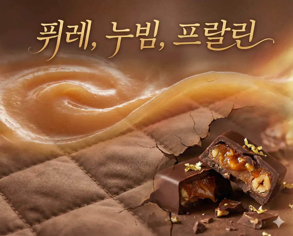 퓌레의 부드러움, 누빔의 따뜻함, 프랄린의 달콤함을 한 장의 예술적인 프레임에 담아낸 종합 용어 이미지