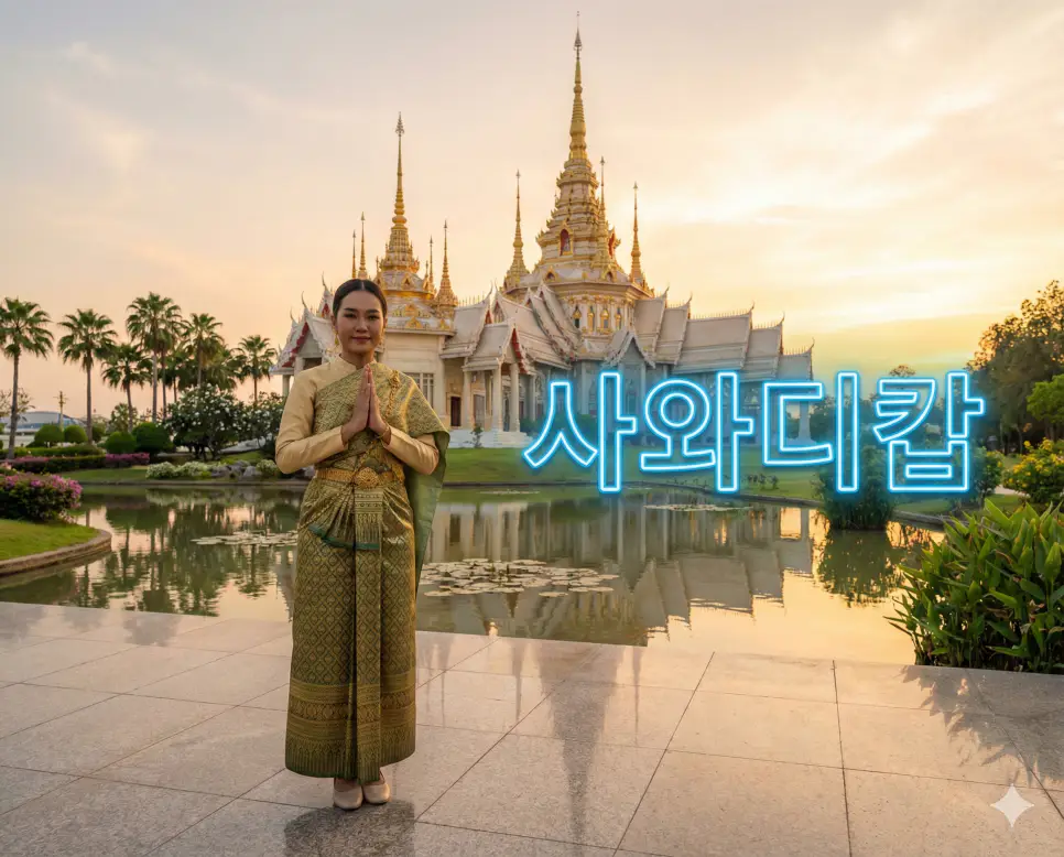 태국의 전통 인사법인 와이 제스처를 취하는 모습과 황금빛 사원을 통해 존중과 평안의 인사인 사와디캅의 뜻을 형상화한 이미지