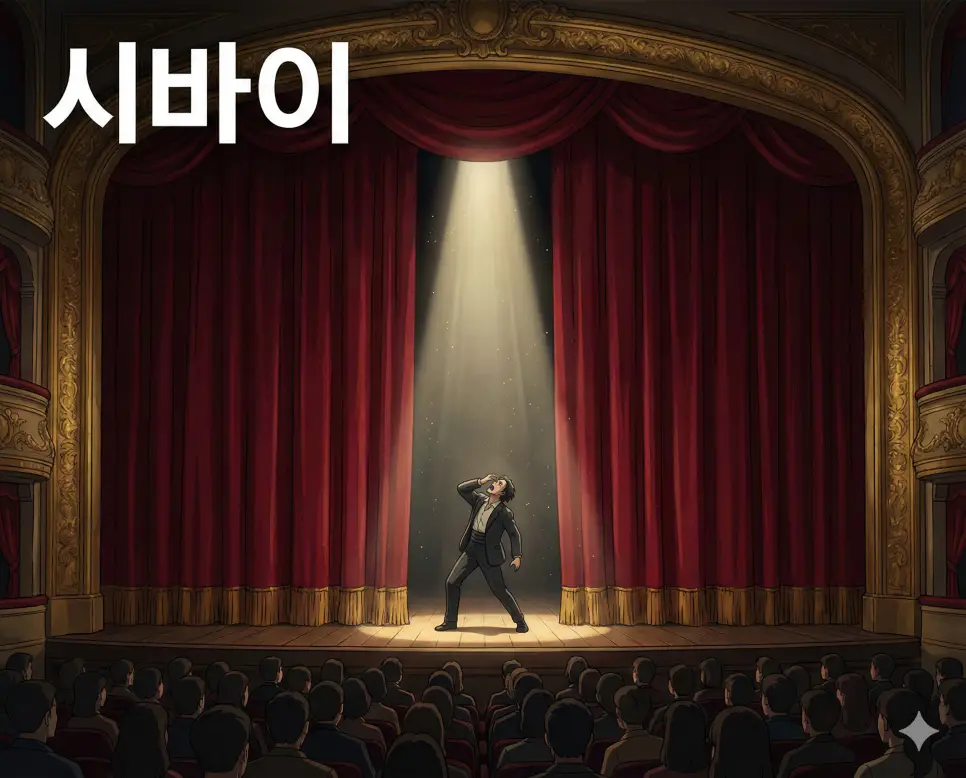 연극이나 연기 혹은 꾸며낸 일을 의미하는 시바이 뜻이 담긴 화려한 무대와 드라마틱한 연출을 표현한 고퀄리티 애니메이션 작화 이미지입니다.