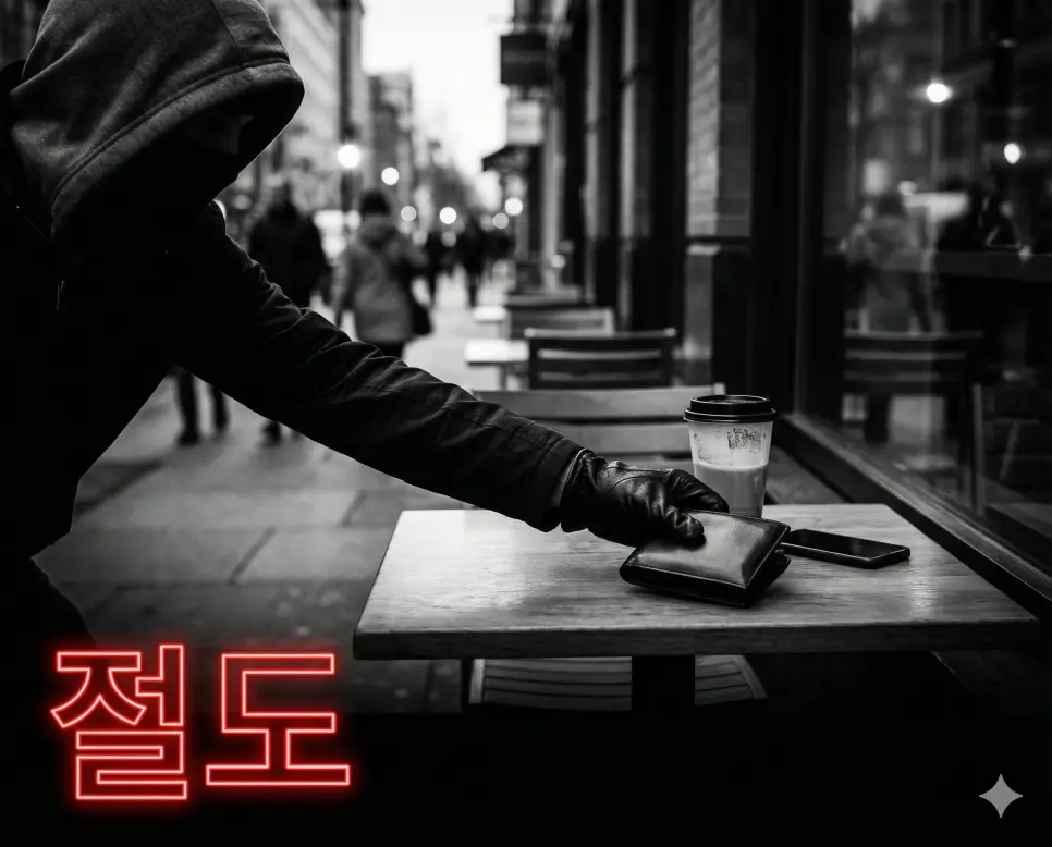 절도 뜻인 타인의 재물을 몰래 훔쳐가는 행위를 시각적으로 표현한 상징적 이미지