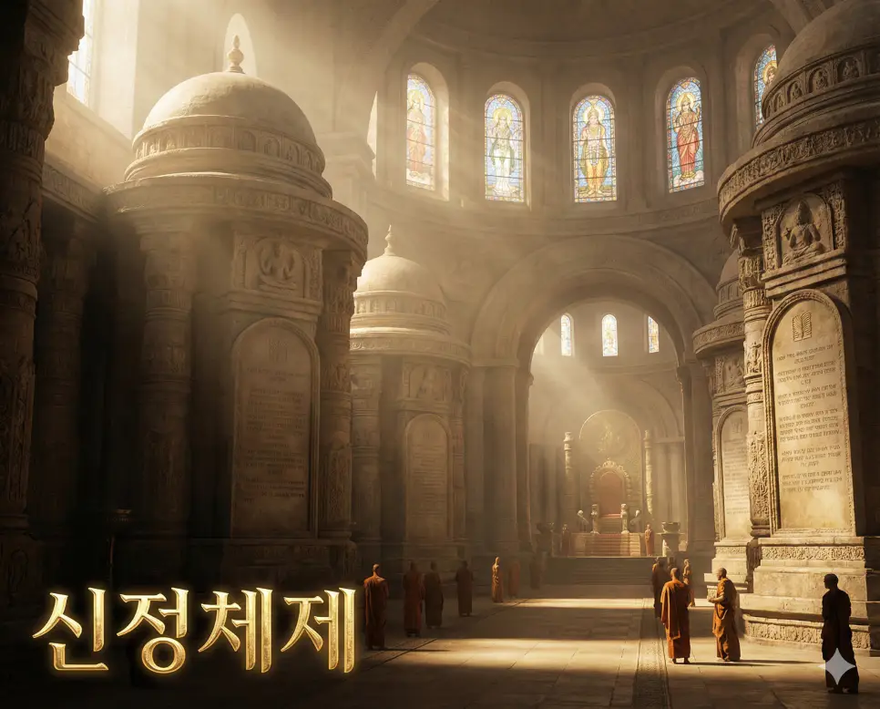 신권에 의해 통치되는 정치 체제인 신정체제의 위엄과 특징을 담은 이미지