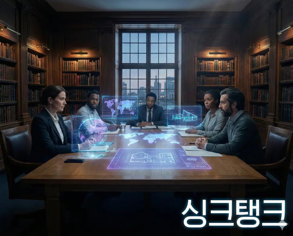 싱크탱크 뜻을 상징하는 지식인들이 모여 미래 전략과 혁신적인 아이디어를 연구하는 지적인 공간의 모습