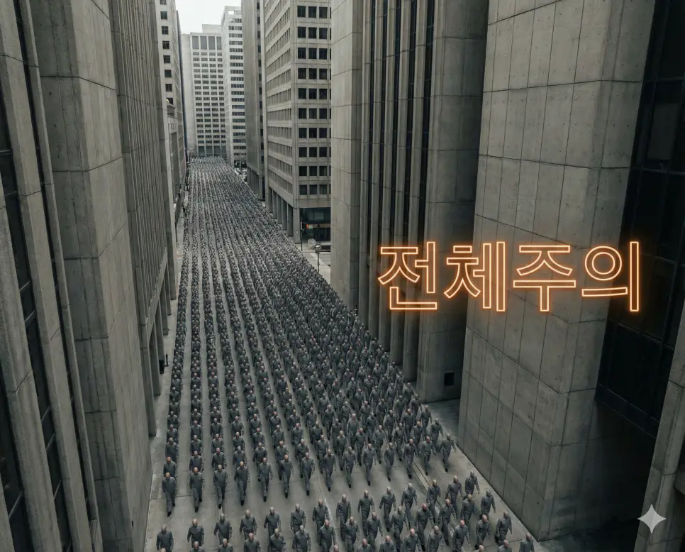 전체주의 뜻인 개인의 모든 활동을 국가의 통제 아래 두고 집단의 이익을 최우선으로 하는 정치 체제 실사 이미지