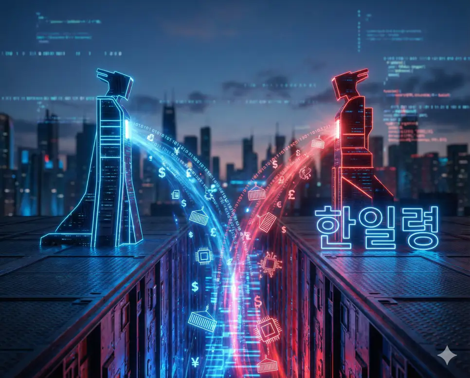 한일령 뜻을 보여주는 한국과 일본 사이의 외교 및 경제적 긴장 상태를 형상화한 그래픽 이미지