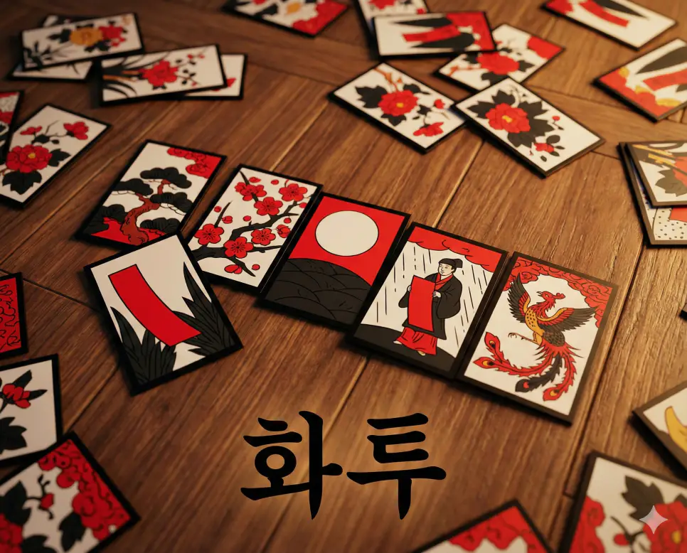 꽃들의 싸움이라는 의미를 담은 한국과 일본의 전통 카드 게임인 화투 뜻과 특징을 잘 보여주는 선명한 실사 사진입니다.