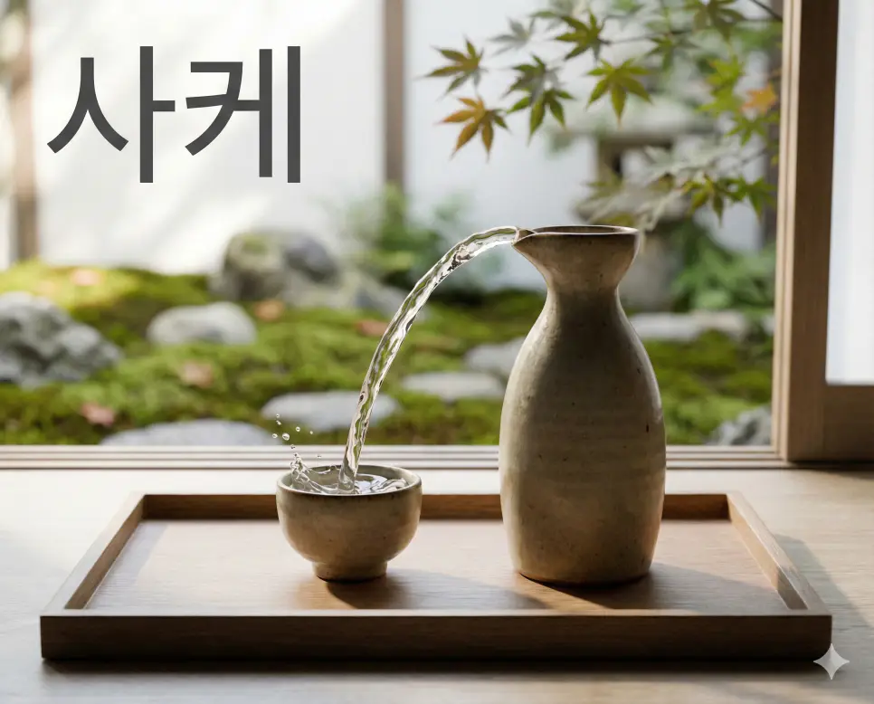 일본의 전통 정취가 느껴지는 쌀로 빚은 맑은 술 사케 뜻 유래를 보여주는 정갈한 실사 음식 사진입니다.