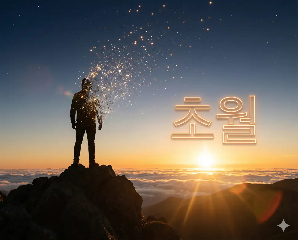 초월 뜻인 어떠한 한계나 표준을 훨씬 뛰어넘어 새로운 차원으로 나아가는 상태를 시각화한 이미지