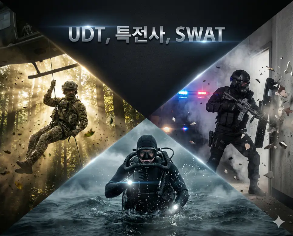 UDT, 특전사, SWAT의 강력한 임무 현장을 세련된 구도로 통합한 특수부대 종합 가이드 이미지