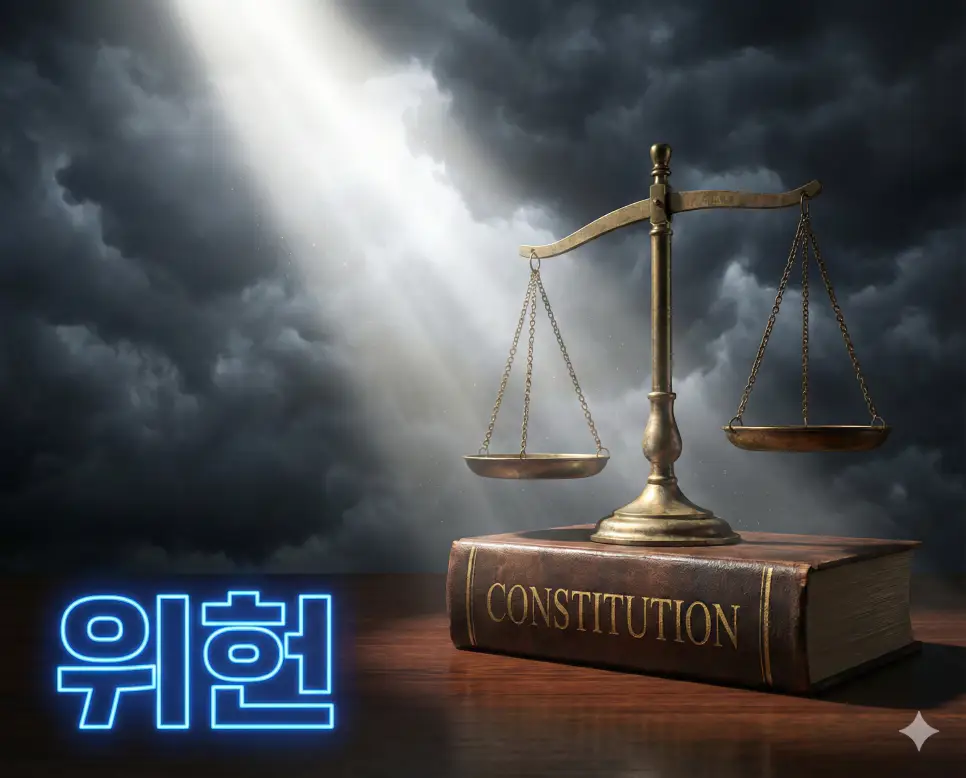 위헌 뜻인 법률이나 명령 등이 헌법의 조항이나 정신에 위반되는 상태를 상징적으로 표현한 이미지