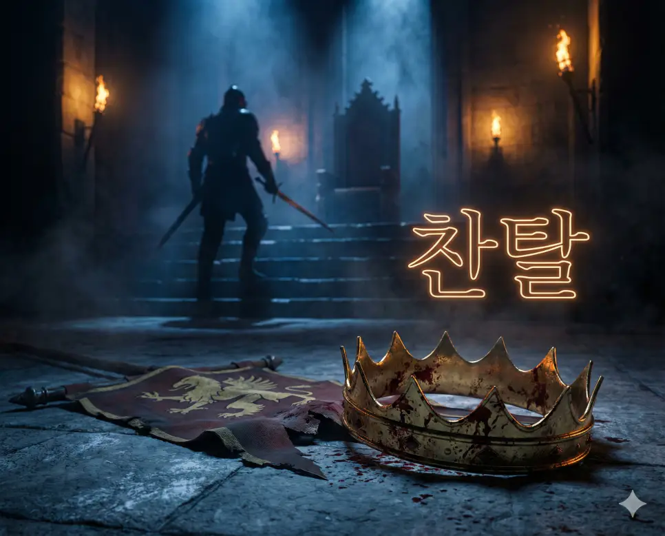 찬탈 뜻인 왕위나 정권 등을 강제로 빼앗는 행위를 시각화한 비극적이고 강렬한 실사 이미지