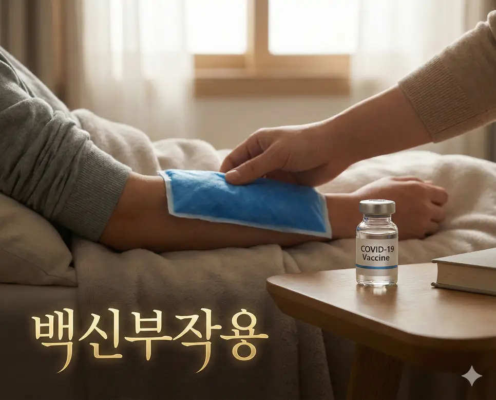 백신 접종 후 나타날 수 있는 면역 반응이나 원치 않는 신체적 증상인 백신부작용의 조심스러운 묘사 이미지