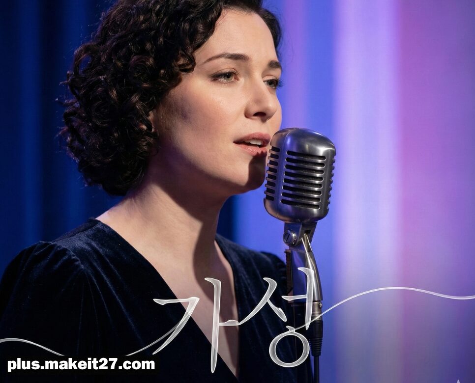 빈티지 마이크 앞에서 섬세하게 노래하는 여가수와 부드러운 흘림체로 표현된 한글 가성 텍스트