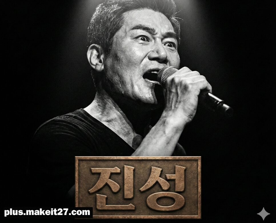 무대 위에서 강렬한 에너지를 쏟아내며 노래하는 보컬리스트와 묵직한 한글 진성 디자인