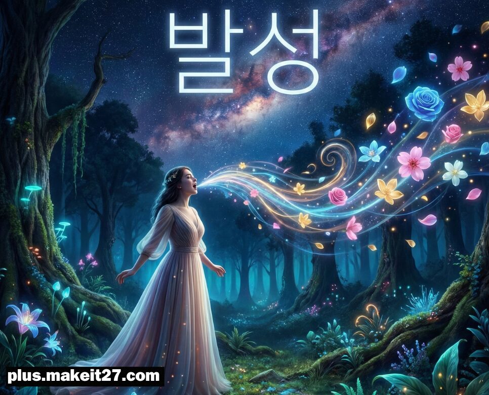 노랫소리가 신비로운 꽃잎으로 변하는 환상적인 애니메이션 장면과 한글 발성 로고