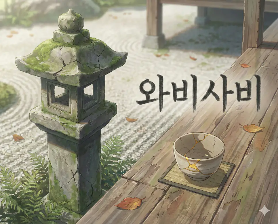 불완전함 속의 미학을 뜻하는 와비사비 뜻과 고요한 일본식 정원의 애니메이션 이미지
