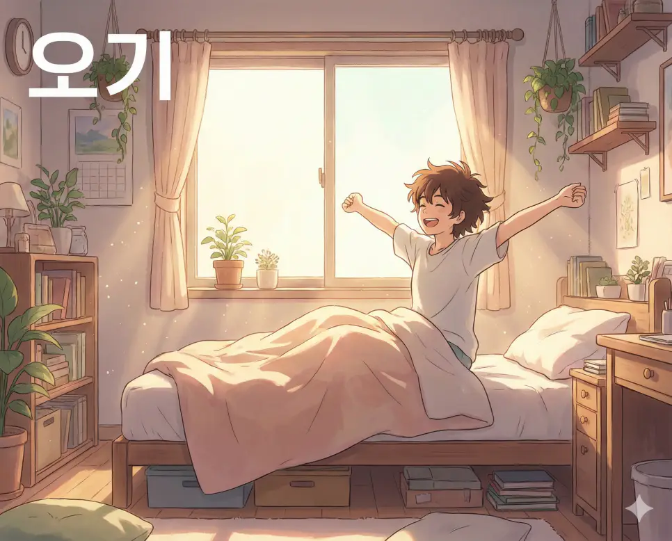 일어남이나 깨어남을 의미하는 오기 뜻이 담긴 상쾌한 아침의 시작을 묘사한 고퀄리티 애니메이션 작화 이미지입니다.