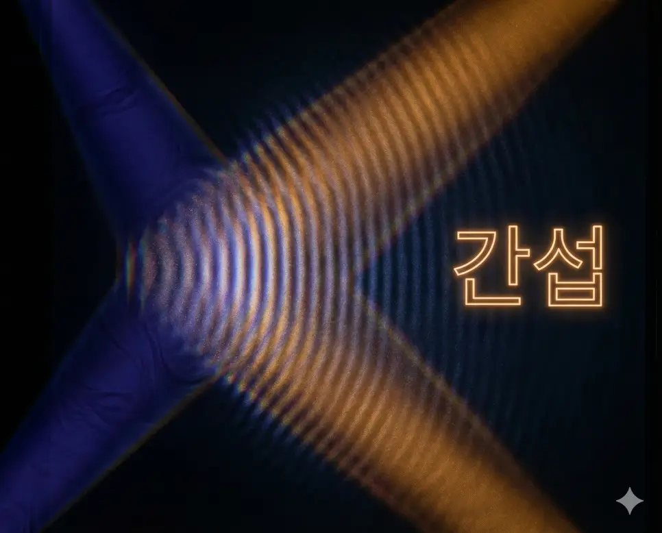 간섭 뜻인 두 개 이상의 파동이 겹쳐지면서 세기가 강해지거나 약해지는 현상을 묘사한 이미지