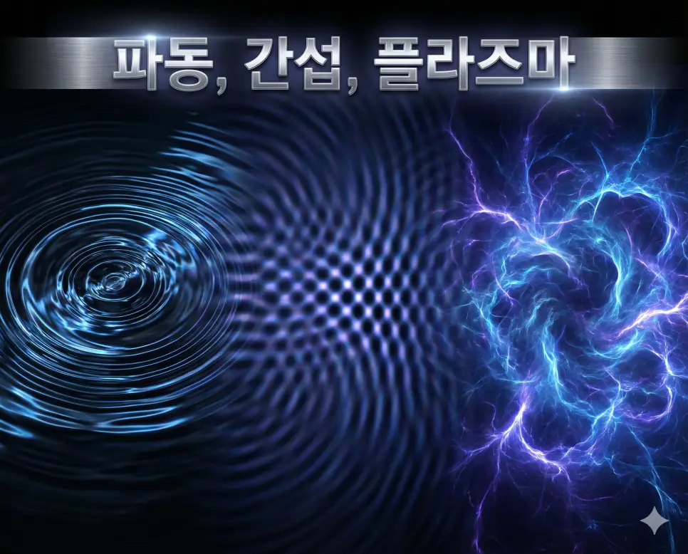 파동, 간섭, 플라즈마의 개념과 물리적 현상들을 세련된 구도로 통합한 종합 가이드 이미지