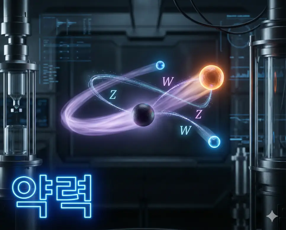 약력 뜻인 소립자 사이의 상호작용과 방사선 붕괴를 일으키는 우주의 기본 힘을 상징적으로 표현한 이미지