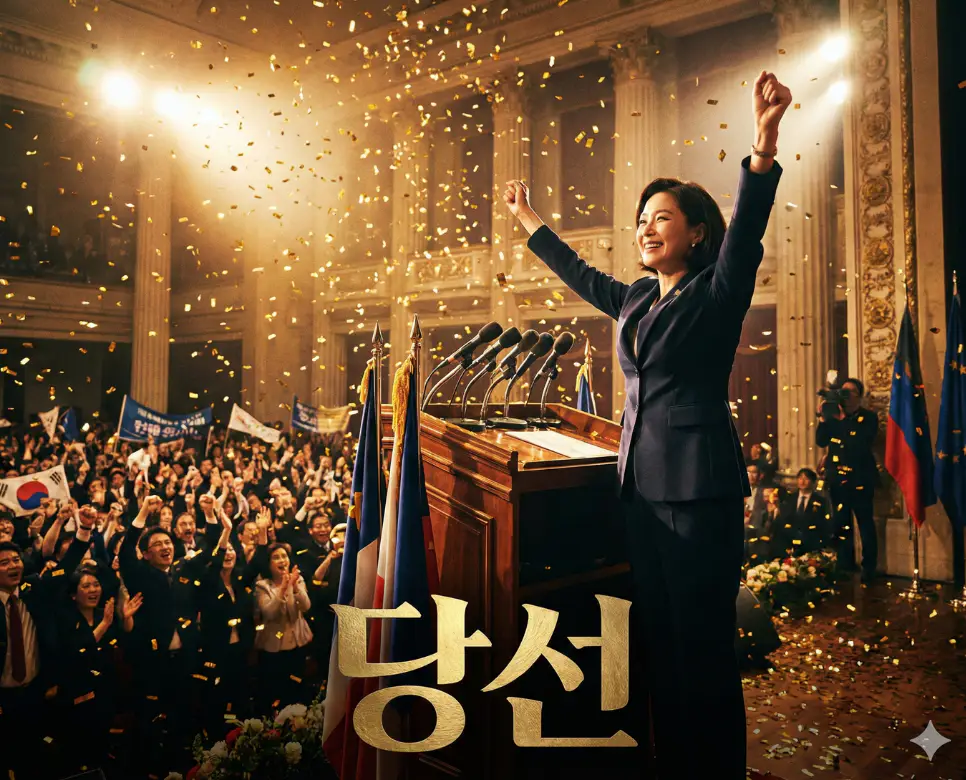 당선 뜻을 상징하는 대중의 선택을 받아 승리하고 리더로서 첫걸음을 내딛는 영광스러운 모습