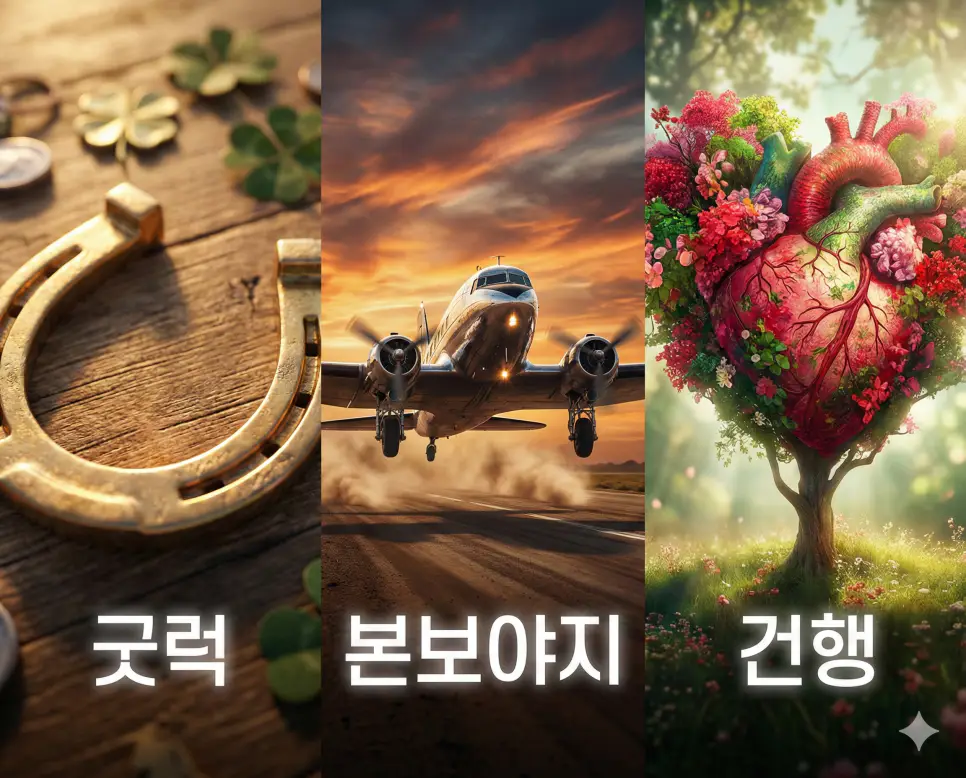 성공을 비는 행운과 새로운 시작을 알리는 여행의 축복, 그리고 가장 소중한 건강과 행복의 의미를 통합적으로 보여주는 시각 자료