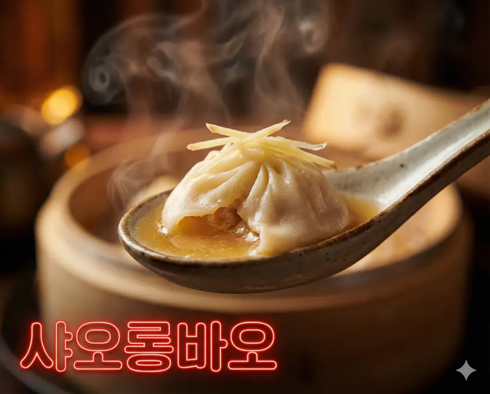 샤오롱바오 뜻과 특징이 담긴 숟가락 위에서 진한 육즙이 터져 나오는 중국식 만두 사진