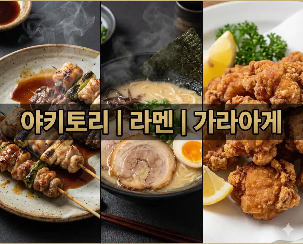야키토리 뜻, 라멘 뜻, 가라아게 뜻 같은 일본 미식 키워드를 한눈에 확인하기 좋게 정리한 통합 가이드 이미지입니다.