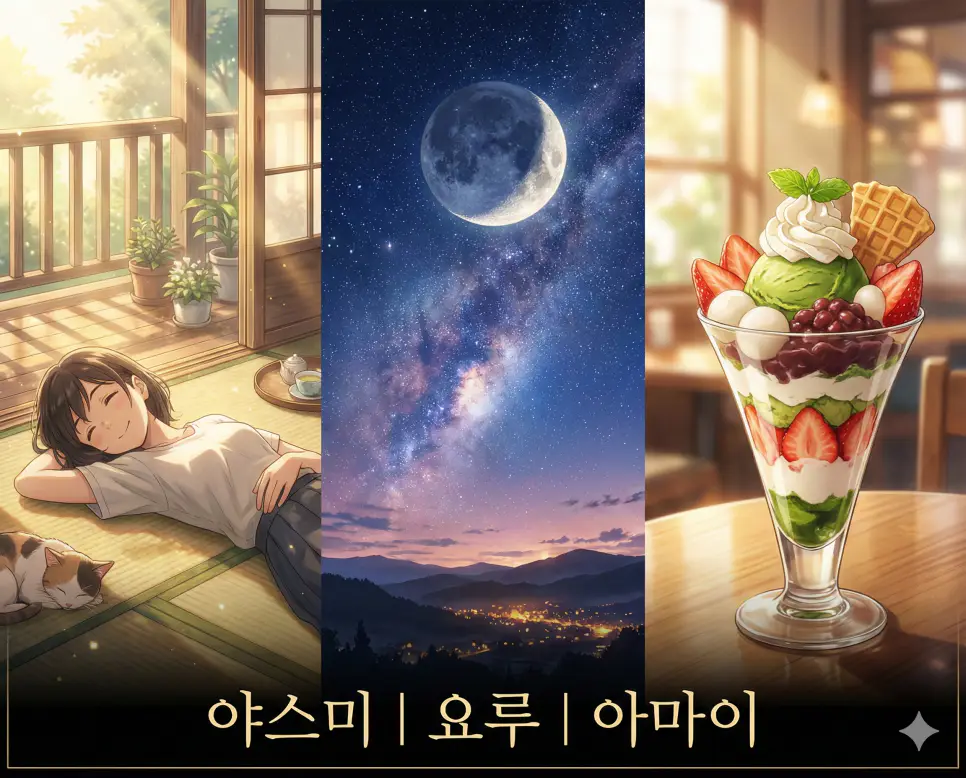 야스미 뜻, 요루 뜻, 아마이 뜻을 테마로 하여 휴식과 밤하늘, 달콤한 디저트 풍경을 고퀄리티 일본 애니메이션 작화 스타일로 구성한 통합 가이드 이미지입니다.
