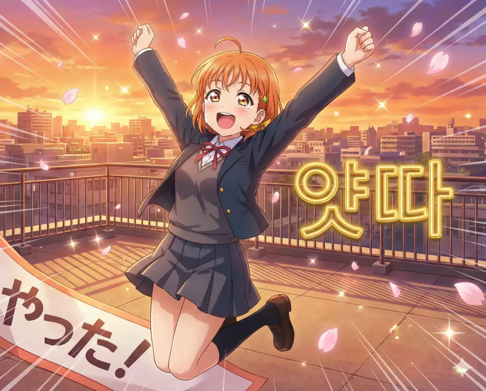 성공과 기쁨의 환호를 뜻하는 얏따 뜻과 일본 애니메이션 감성의 승리 장면