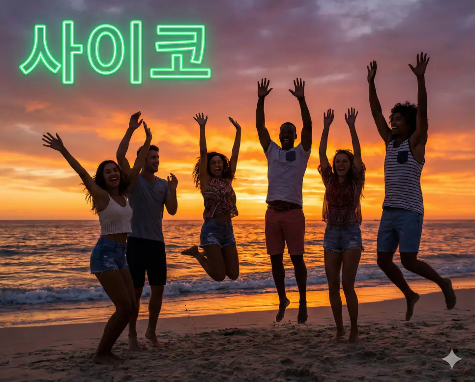 최고 또는 가장 좋다는 의미의 환호 표현인 사이코 뜻과 특징을 잘 보여주는 역동적인 실사 사진입니다.