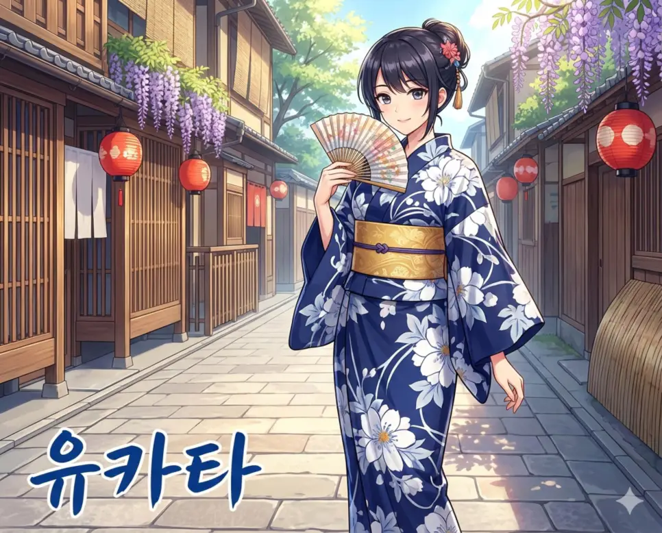 일본 전통 의상을 뜻하는 유카타 뜻과 화려한 문양을 표현한 애니메이션 이미지