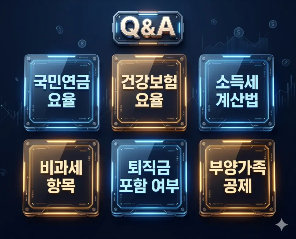 2026년 급여 계산기 내 월급 세후 실수령액 표로 확인하기 4 2026년 4대보험 요율 및 근로소득 간이세액표 기준 소득세 계산 방법을 설명하는 선명한 인포그래픽 FAQ
