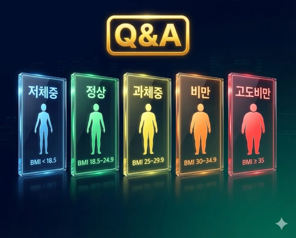 비만도 계산기: 나의 BMI 체질량지수 및 비만 측정 결과 확인 4 대한비만학회 기준 저체중·정상·과체중·비만·고도비만 분류 기준과 BMI 수치를 설명하는 선명한 인포그래픽 FAQ