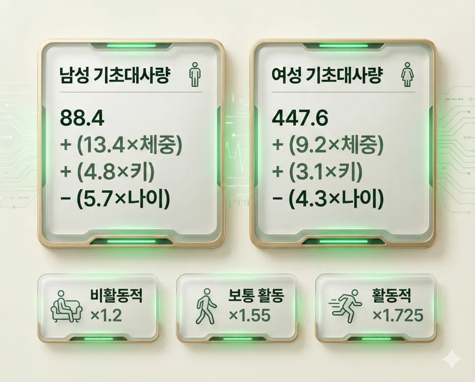 기초대사량 계산기: 남자 여자 성별 맞춤형 기초대사량 및 칼로리 소모량 2 해리스-베네딕트 공식 기반 남성·여성 기초대사량 계산식과 활동 단계별 권장 칼로리를 보여주는 데이터 대시보드