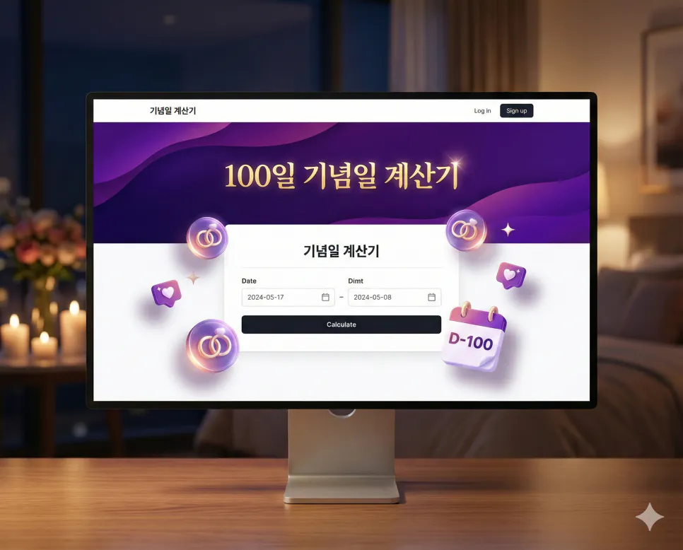 딥 퍼플 그라데이션과 샤인 효과가 적용된 세련된 커플 기념일 및 100일 날짜 계산기 메인 화면