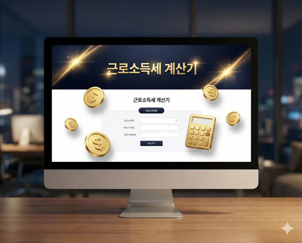 근로소득세 계산기 : 월급 소득세 계산법 및 근로소득세 계산 방법 안내 1 빛 효과 애니메이션이 적용된 고급스러운 다크 네이비 테마의 근로소득세 계산기 메인 화면
