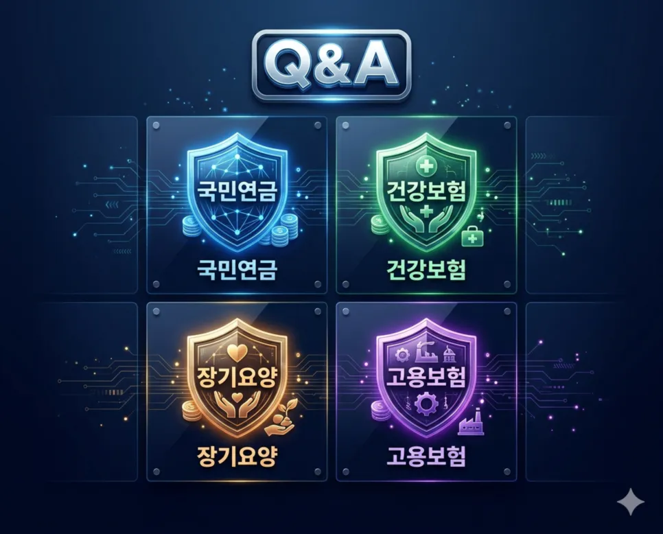 4대보험 급여 계산기 및 월급여 공제 내역 확인 4 국민연금·건강보험·장기요양·고용보험 4대보험 항목별 2026년 적용 요율과 계산 기준을 설명하는 인포그래픽 FAQ