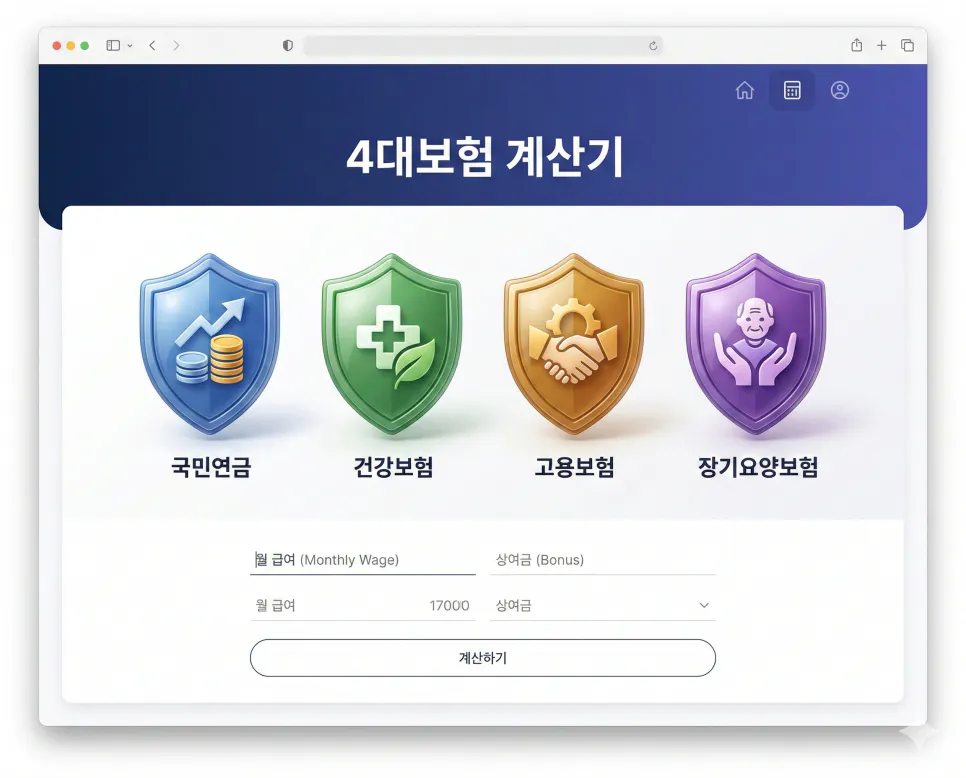 4대보험 급여 계산기 및 월급여 공제 내역 확인 1 2026년 최신 요율이 적용된 4대보험 급여 계산기 메인 화면 – 국민연금·건강보험·고용보험 공제 내역 확인