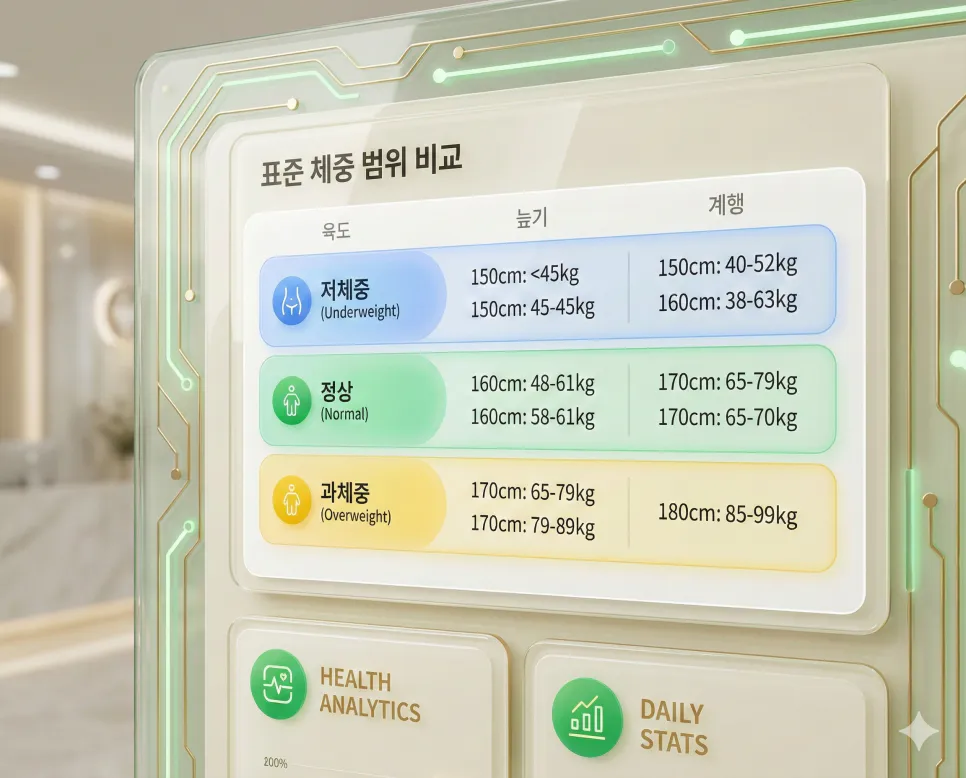 표준 체중 계산기: 키에 따른 정상 체중과 가장 건강한 적정 몸무게 2 키별 저체중·정상·과체중 체중 범위와 브로카식·BMI 기준 표준 체중을 비교 분석한 데이터 대시보드