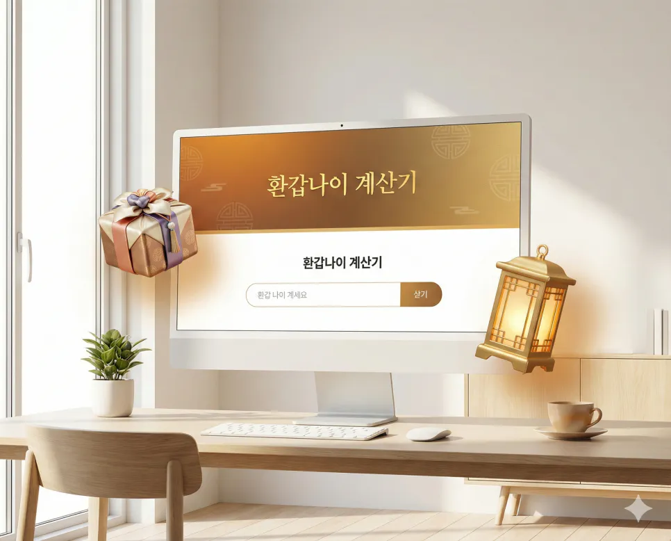 환갑나이 계산기: 칠순 나이 계산기 및 팔순 나이 계산 (칠순잔치 고희 진갑 산수 나이) 1 골드와 엠버 그라데이션 헤더가 적용된 환갑, 칠순, 팔순 등 환갑나이 계산기 통합 메인 화면