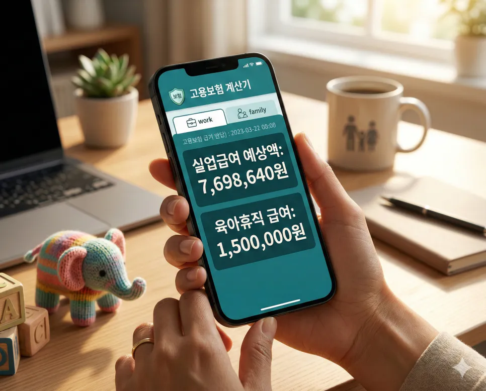 스마트폰으로 근무기간과 평균임금을 입력해 실업급여 또는 육아휴직 급여를 즉시 확인하는 모바일 최적화 화면

