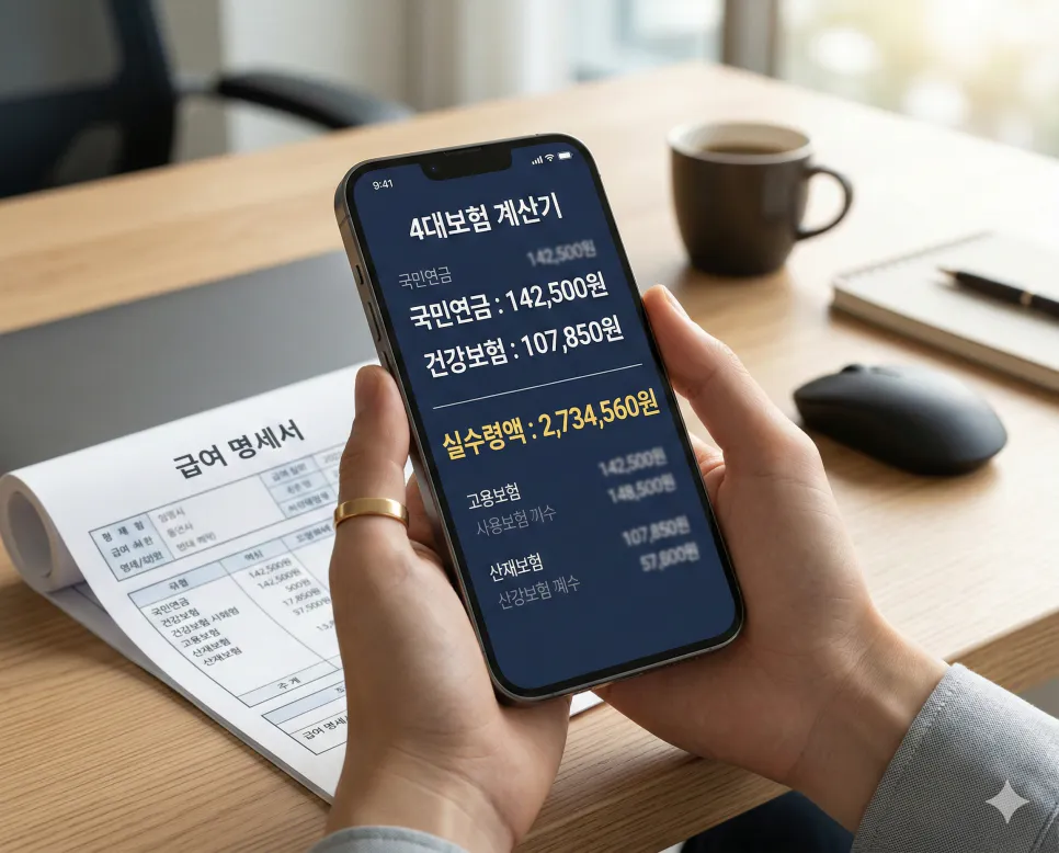 4대보험 급여 계산기 및 월급여 공제 내역 확인 3 스마트폰으로 월급여를 입력해 4대보험 항목별 공제액과 실수령액을 즉시 확인하는 모바일 최적화 화면