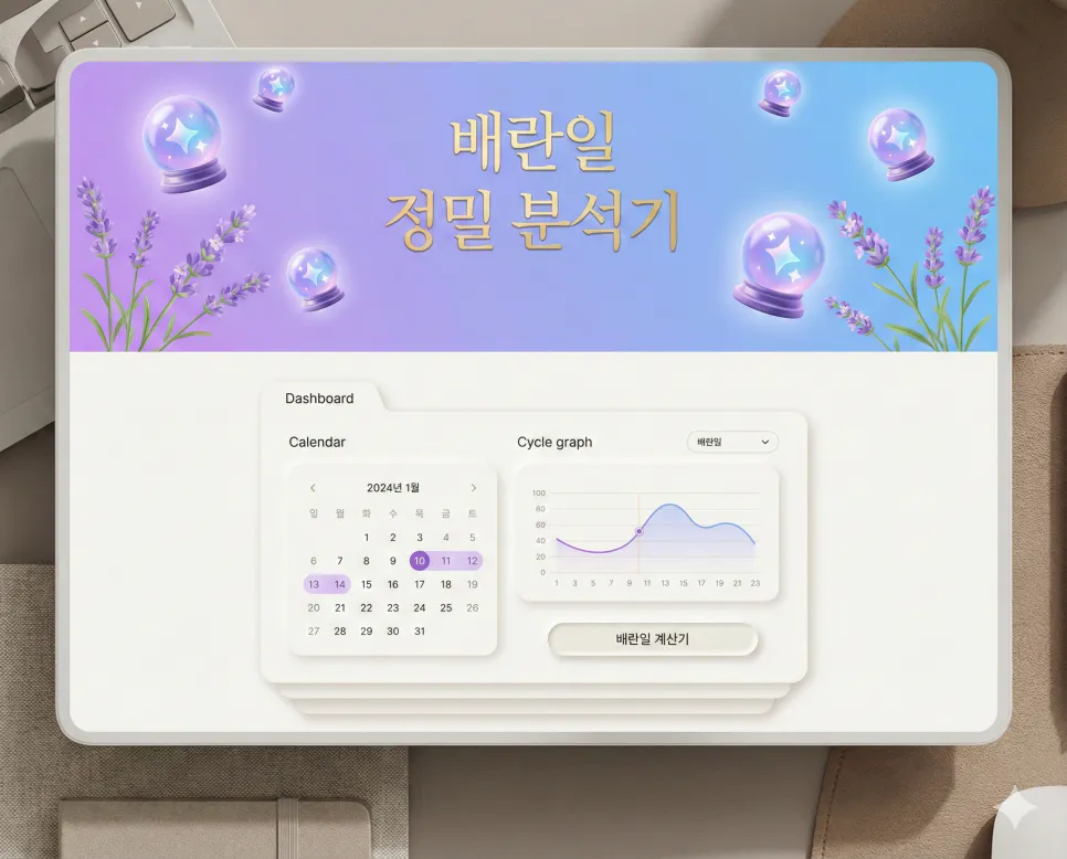 배란일 계산기와 배란일 증상 총정리 (배란 테스트기 사용법 포함) 1 라벤더와 스카이 블루 테마로 디자인된 세련된 배란일 전문 분석기 및 주기 계산기 메인 화면