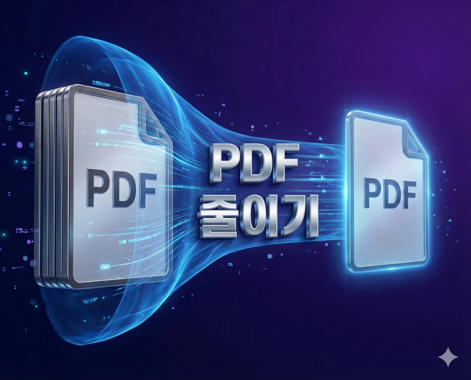 세련된 블루 광원과 실버 3D 타이틀로 디자인된 PDF 용량 줄이기 및 고화질 압축 메인 비주얼