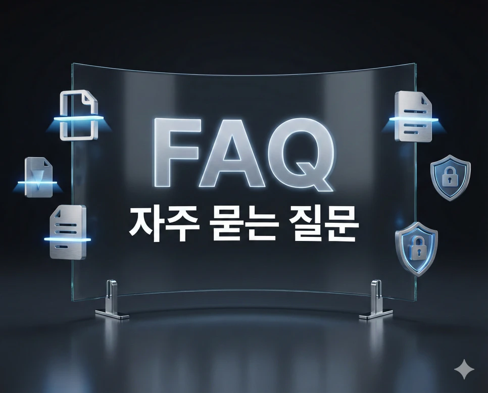 PDF 용량 최적화 및 무료 압축 도구 사용 가이드를 안내하는 세련된 FAQ 섹션 이미지
