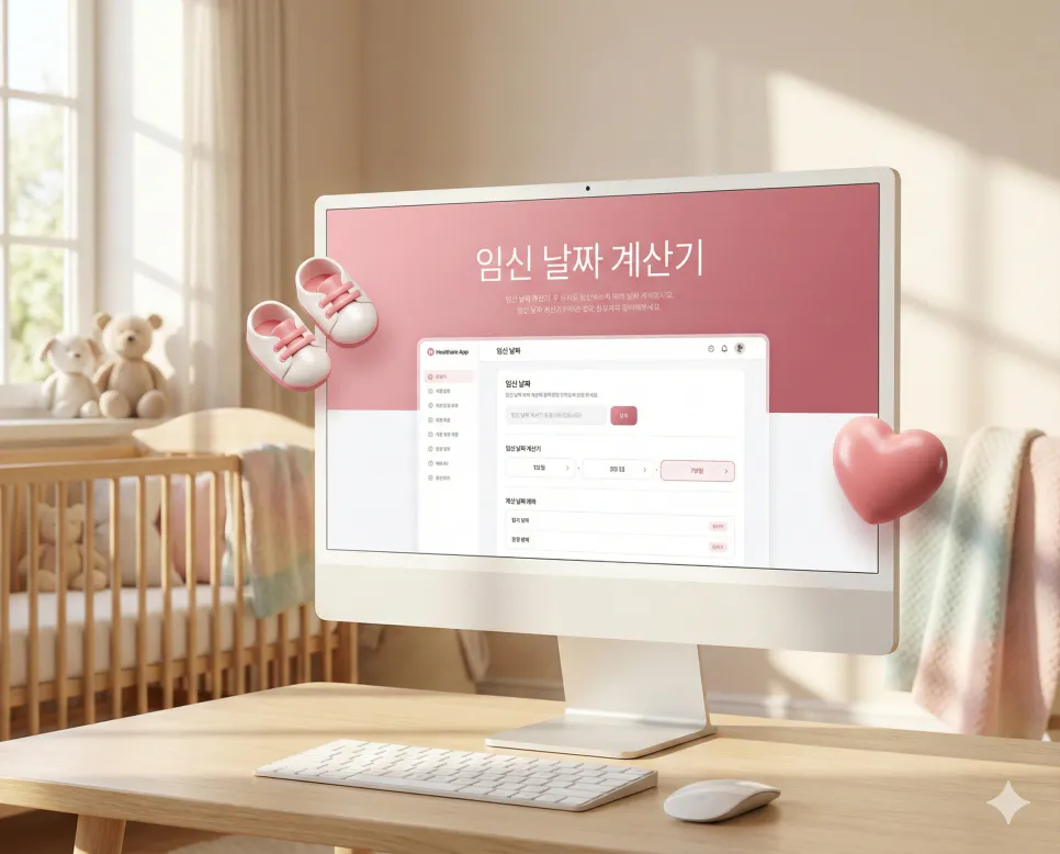 임신 날짜 계산기: 출산 예정일 및 주수별 임신 날짜 계산기 1 사랑스러운 핑크 테마와 베이비 애니메이션이 적용된 프리미엄 출산 예정일 및 임신 날짜 계산기 메인 화면