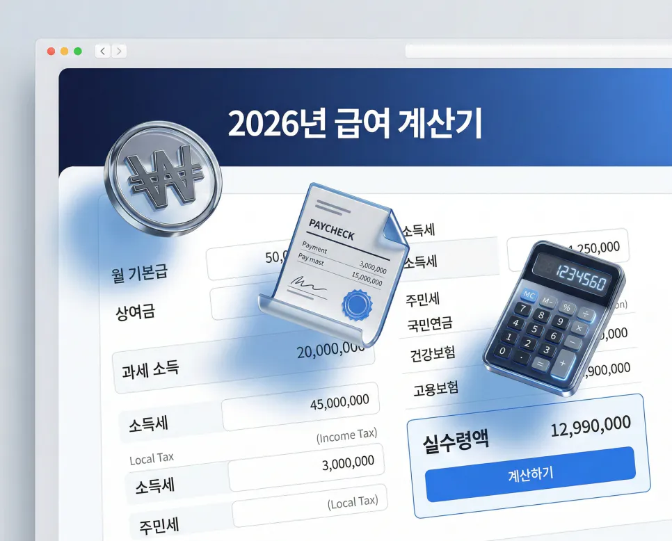 2026년 급여 계산기 내 월급 세후 실수령액 표로 확인하기 1 네이비 블루 그라데이션 헤더가 적용된 2026년 연봉·월급 입력 기반 2026년 급여 계산기 메인 화면