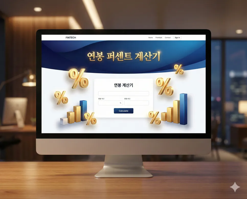 연봉 퍼센트 계산기 : 연봉 인상률 · 실수령액 · 인상 계산기 1 연봉 세전 금액과 세후 실수령액을 동시에 비교 분석해주는 프리미엄 연봉 퍼센트 계산기 메인 화면